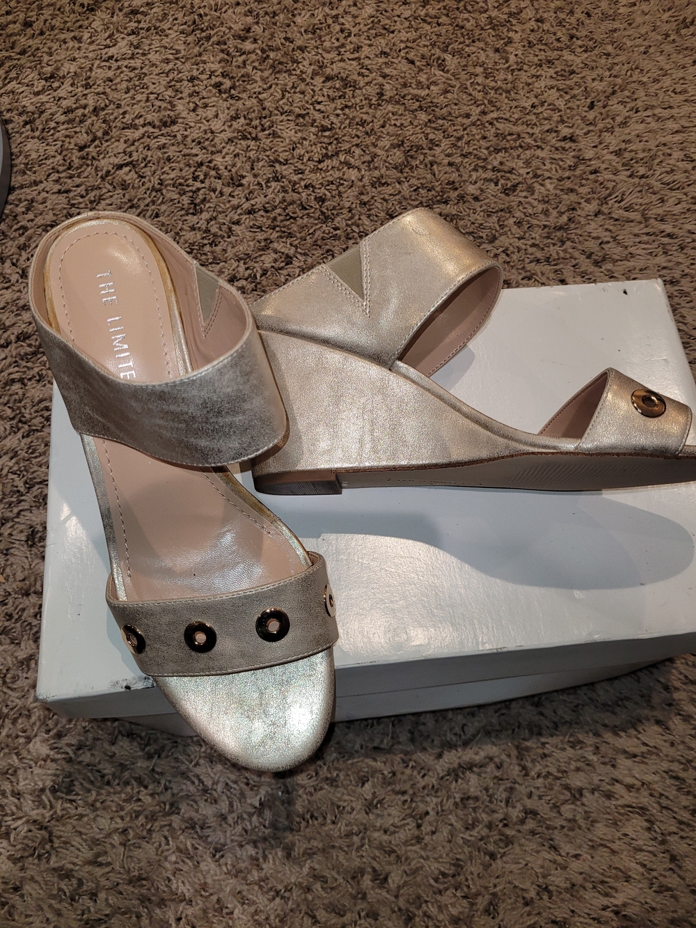 The Limited Brushed Gold Taupe Wedge Heels.